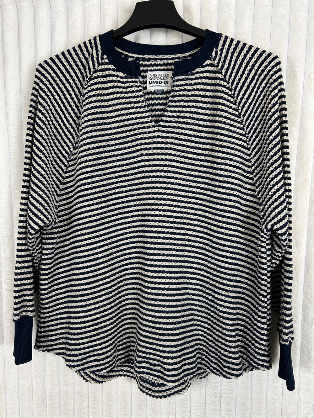 AEO  navy blue and cream striped waffle-knit oversized top XS